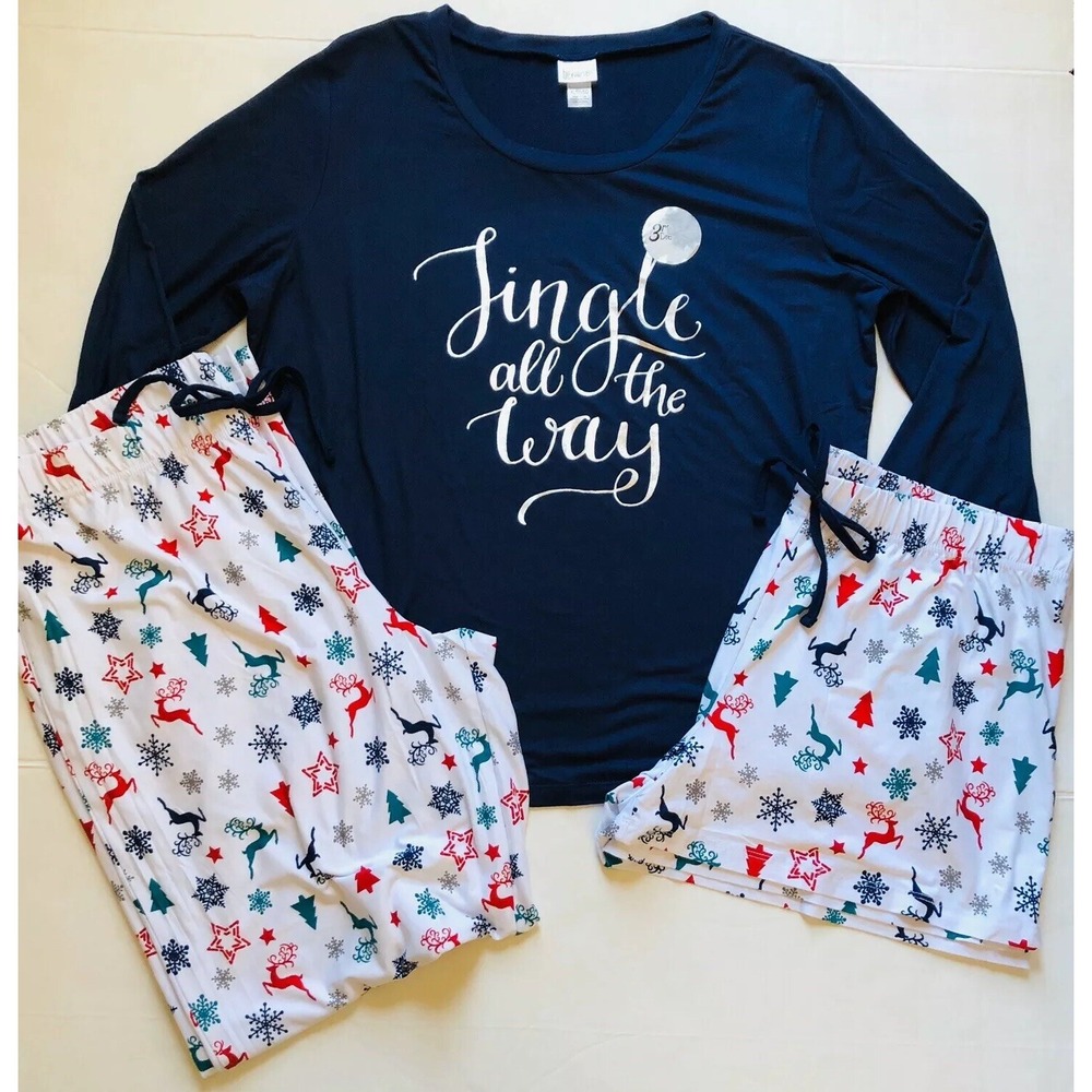 Be Yourself Sleepwear Women 3pc Pajama Set Christmas Shirt Shorts Pants XL NEW
